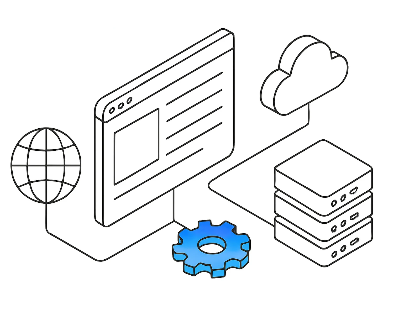 Isometric line drawing of a web platform stack: load balancer, application servers, Postgres primary and replica, and a cache layer, rendered as a blueprint